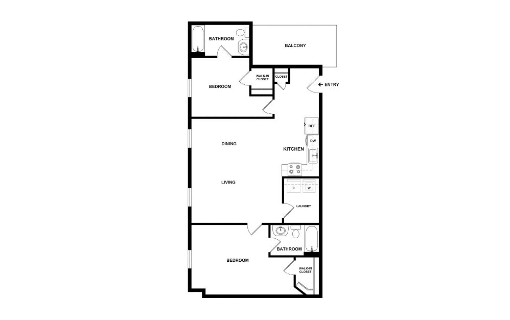 Two Bedroom - 2 bedroom floorplan layout with 2 bathrooms and 926 - 1334 square feet (2D)